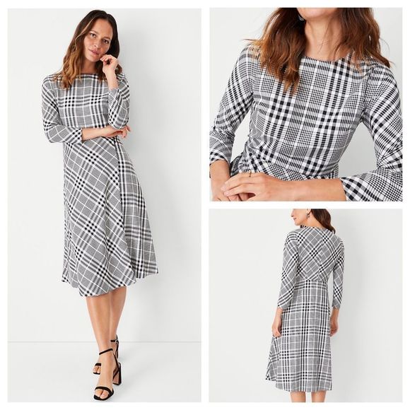 Ann Taylor Petite Size 0P‎ Black White Checkered Long Sleeved Plaid Midi Dress - Picture 1 of 4